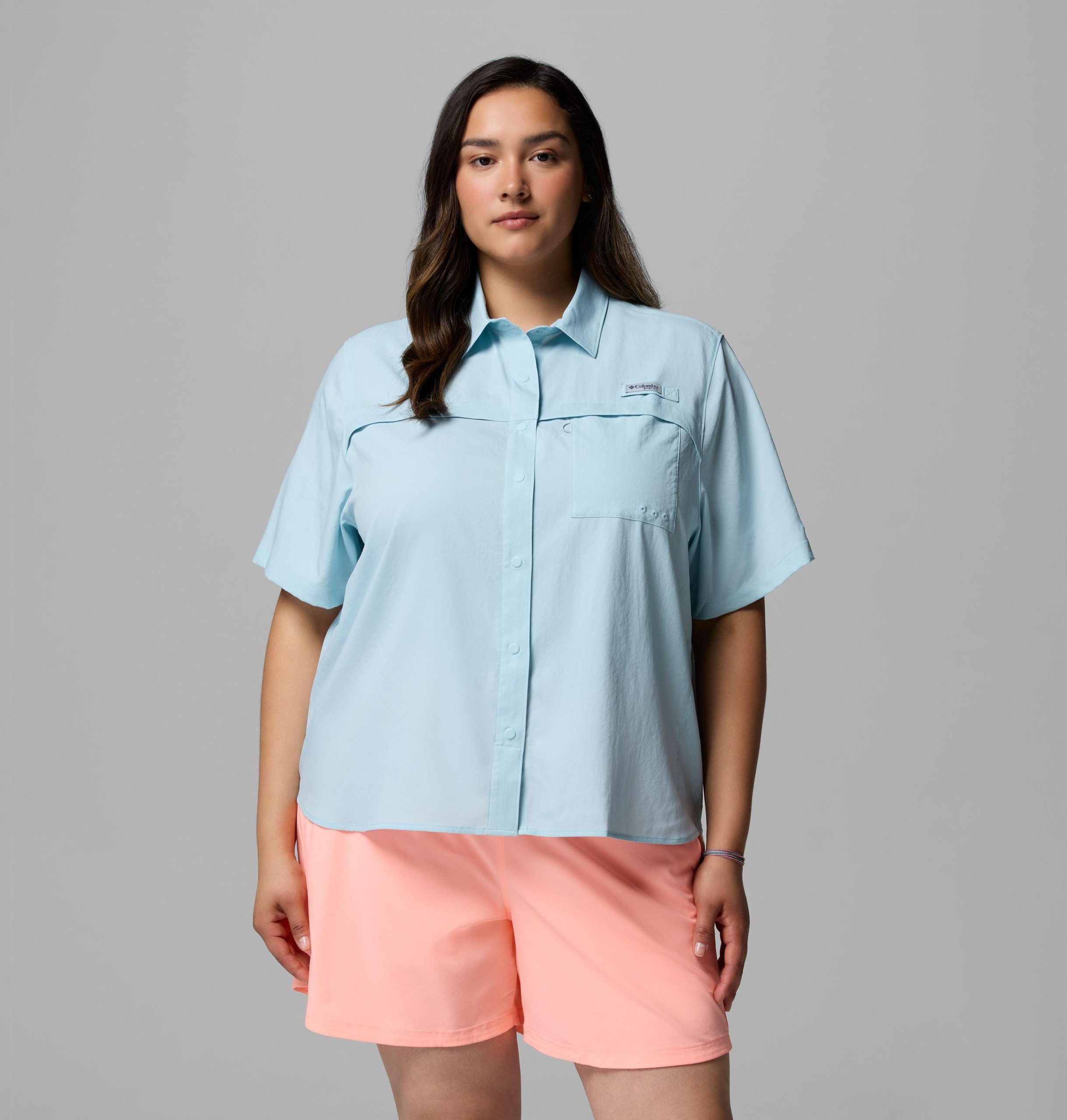 レディース pfg キャストバック織り半袖シャツ - プラスサイズ