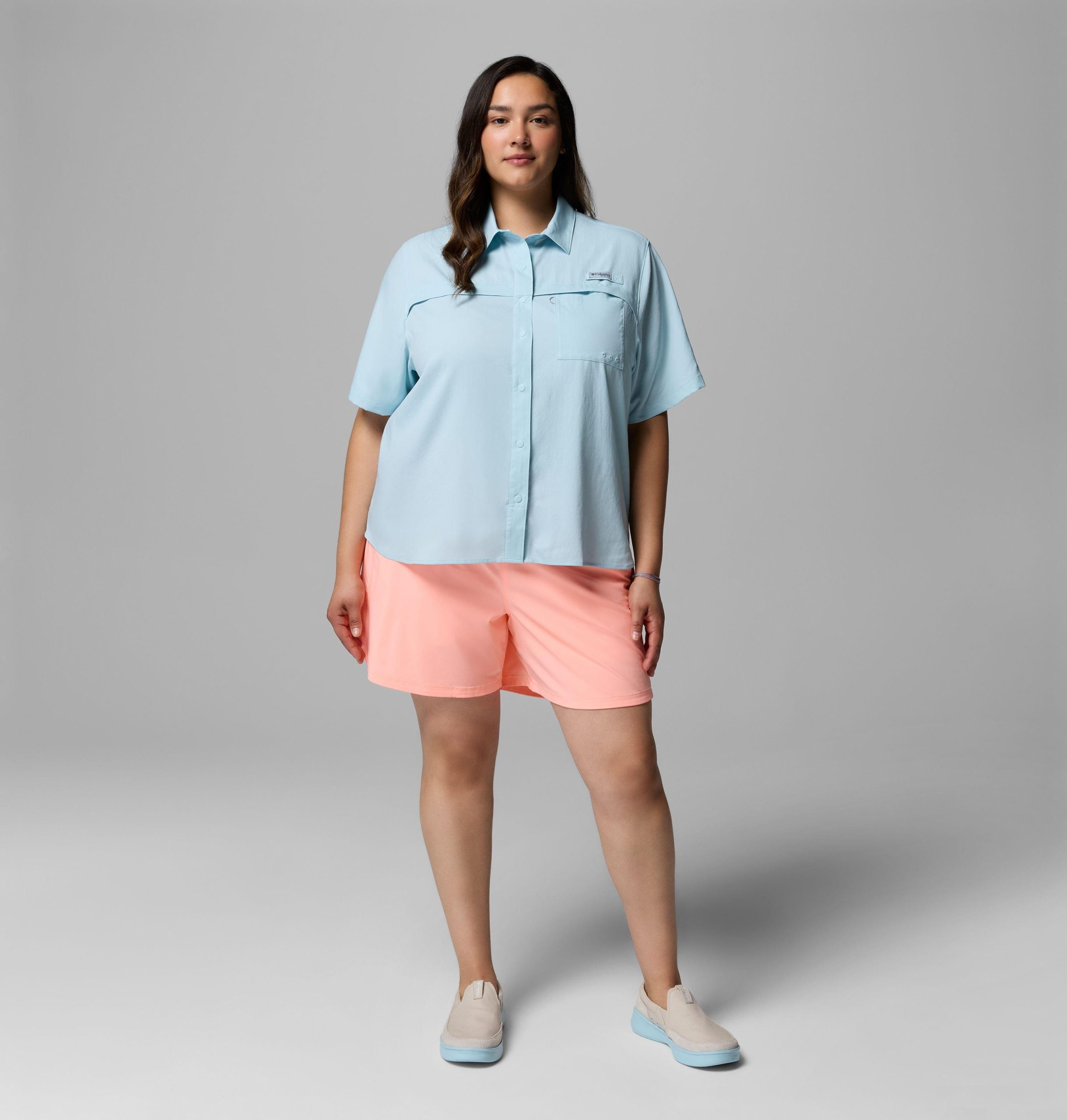 レディース pfg キャストバック織り半袖シャツ - プラスサイズ